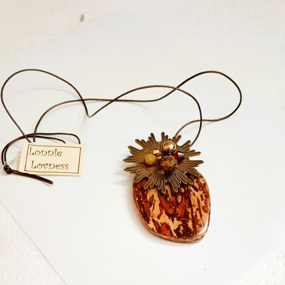 Lonnie Lovness Animal Print Necklace 34" Resin & Beaded Metal Sun Burst Boho